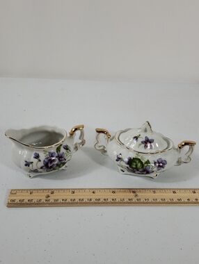 Porcelain Creamer and Sugar Bowl Set with Purple Violets 678V